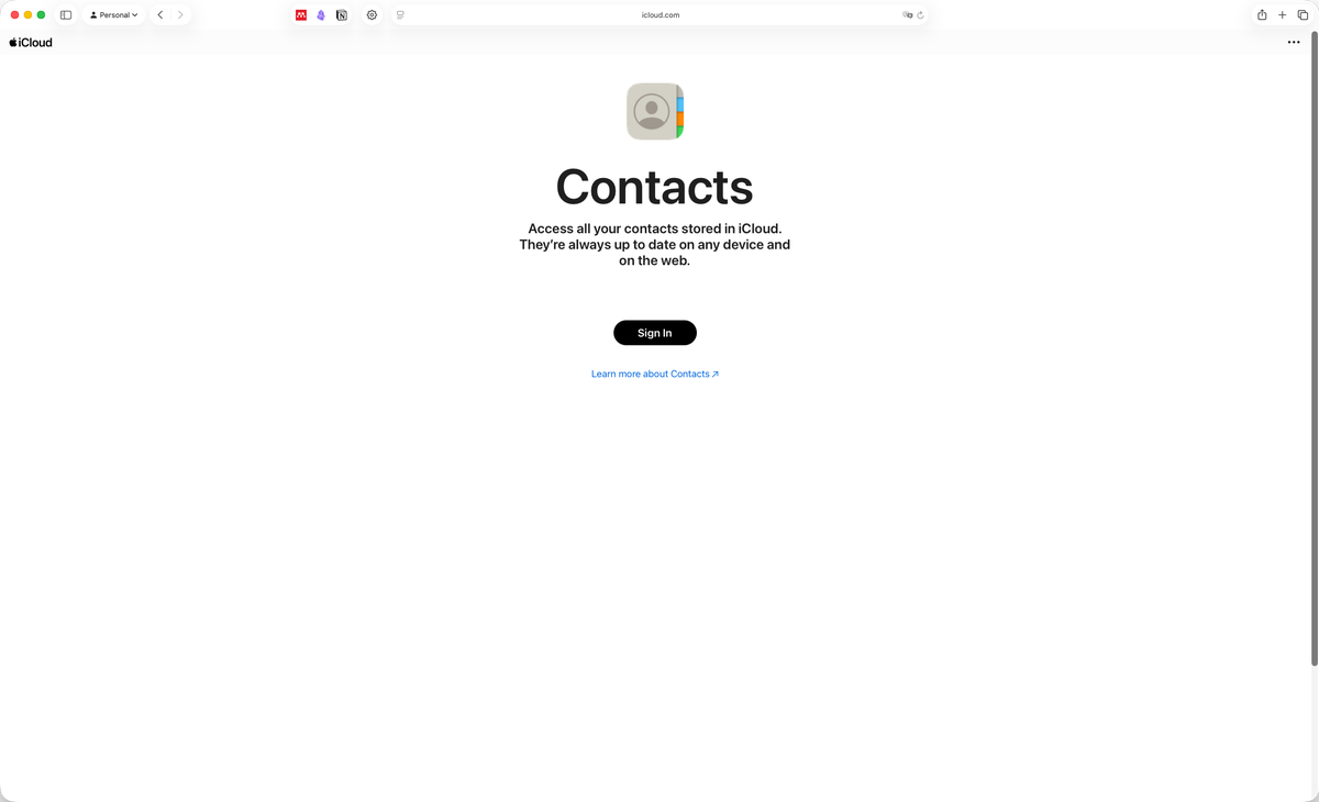 iCloud Contacts web portal login screen