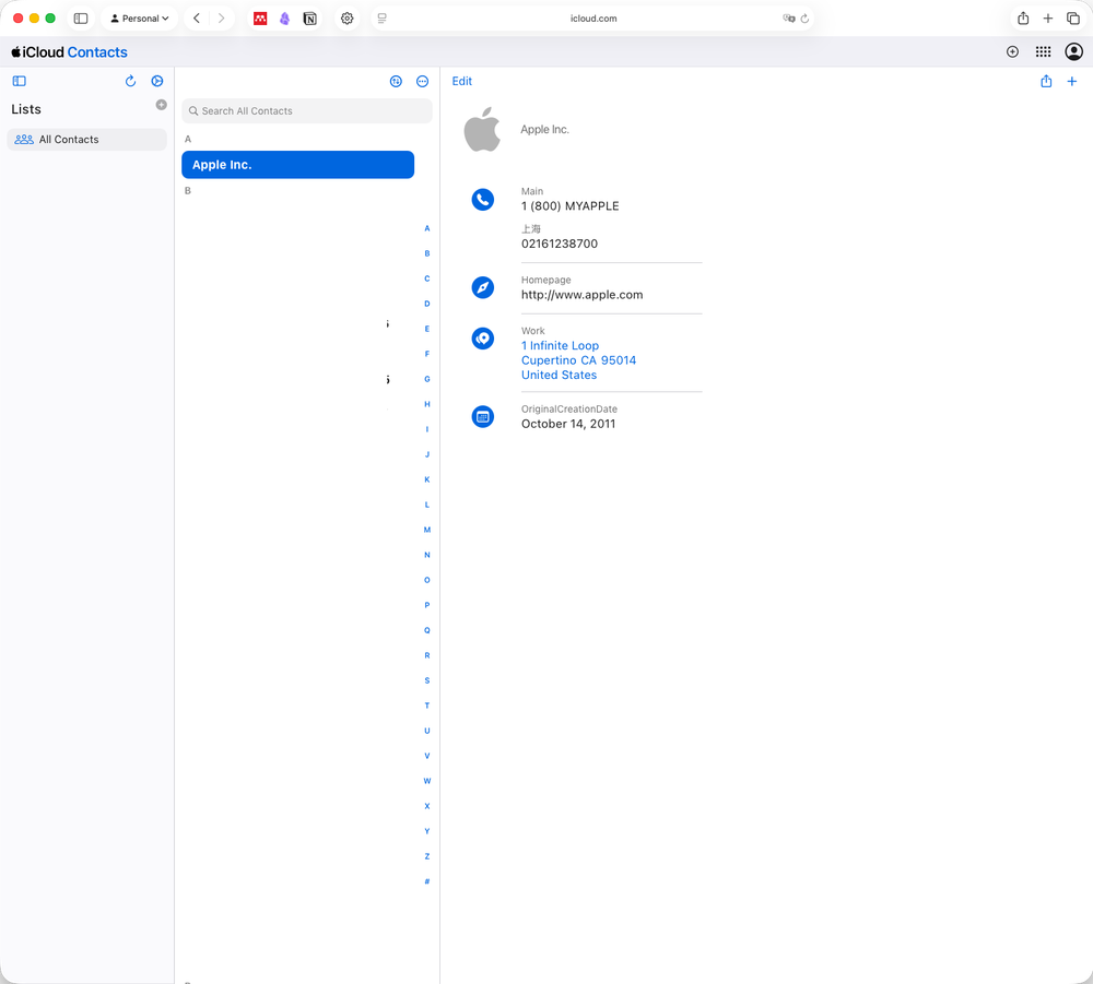 iCloud Contacts web UI showing addresses list