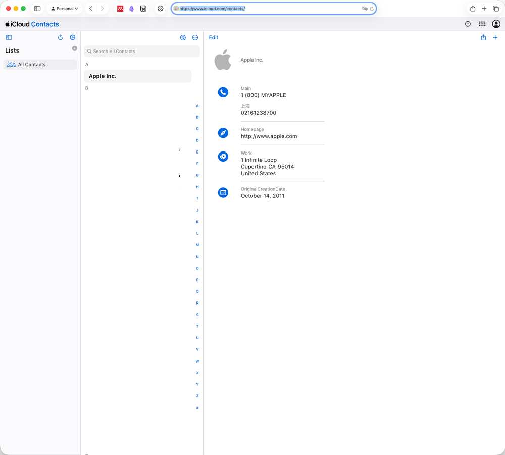 iCloud URL displaying contacts portal page