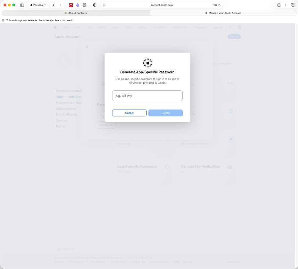 Create App-Specific Password Dialog