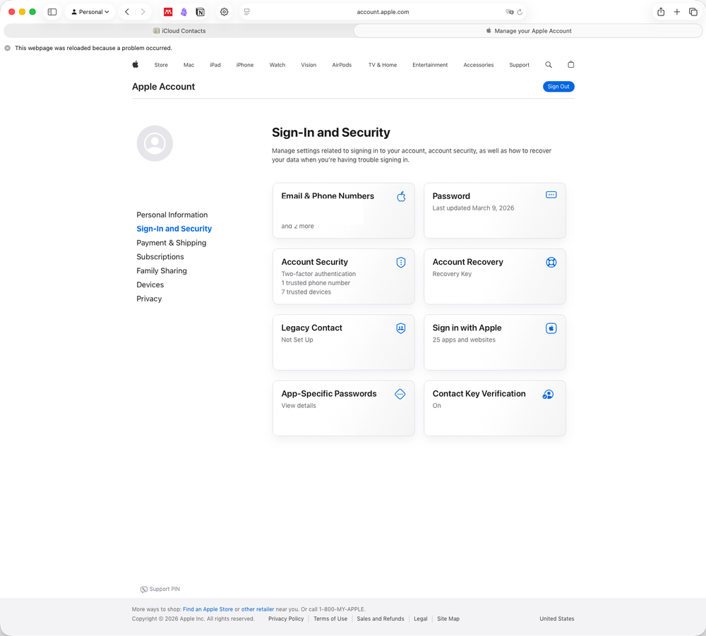 Apple Sign-In and Security Page